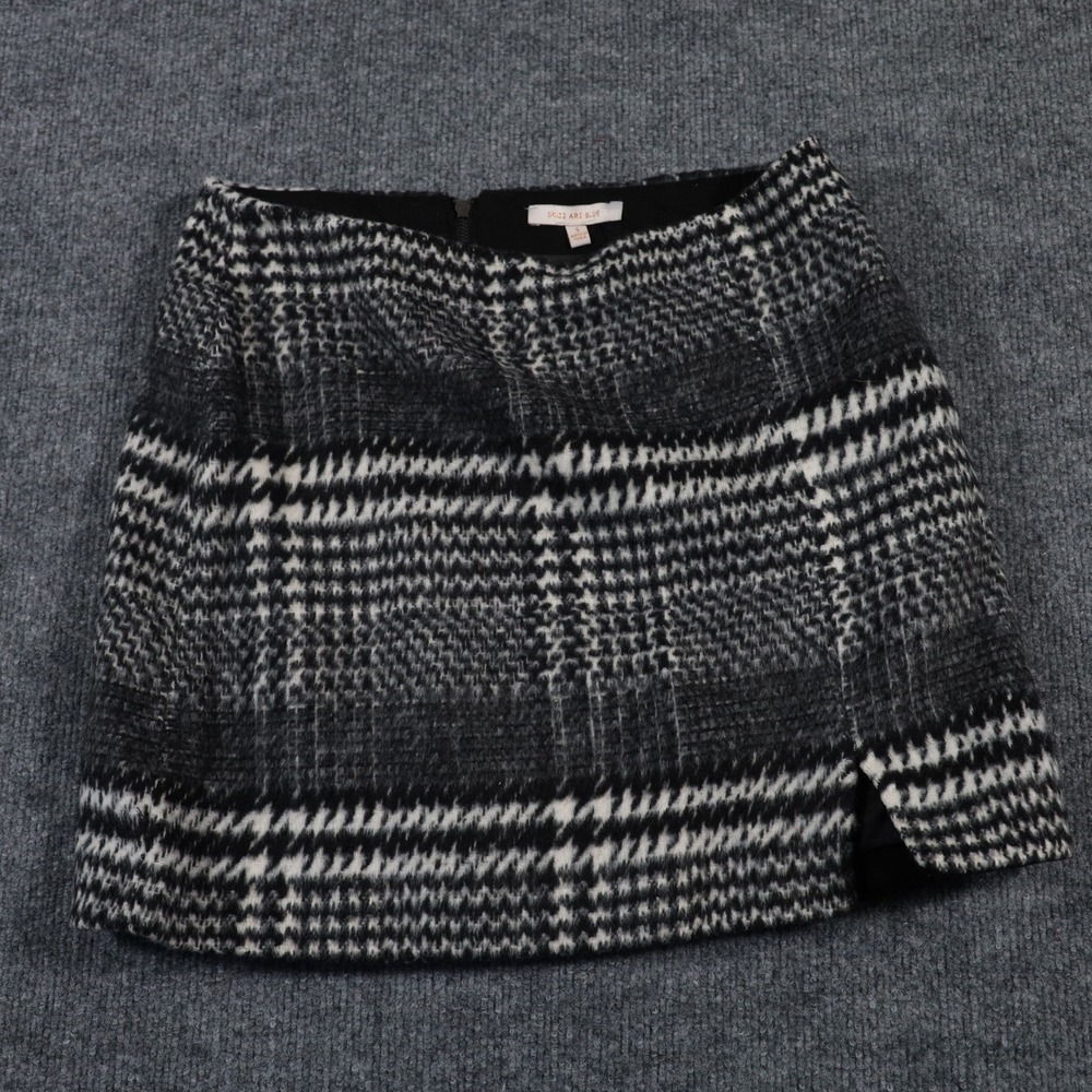 Houndstooth Plaid Mini Skirt Wool Skies Are Blue Womens Small Black Grey Slit